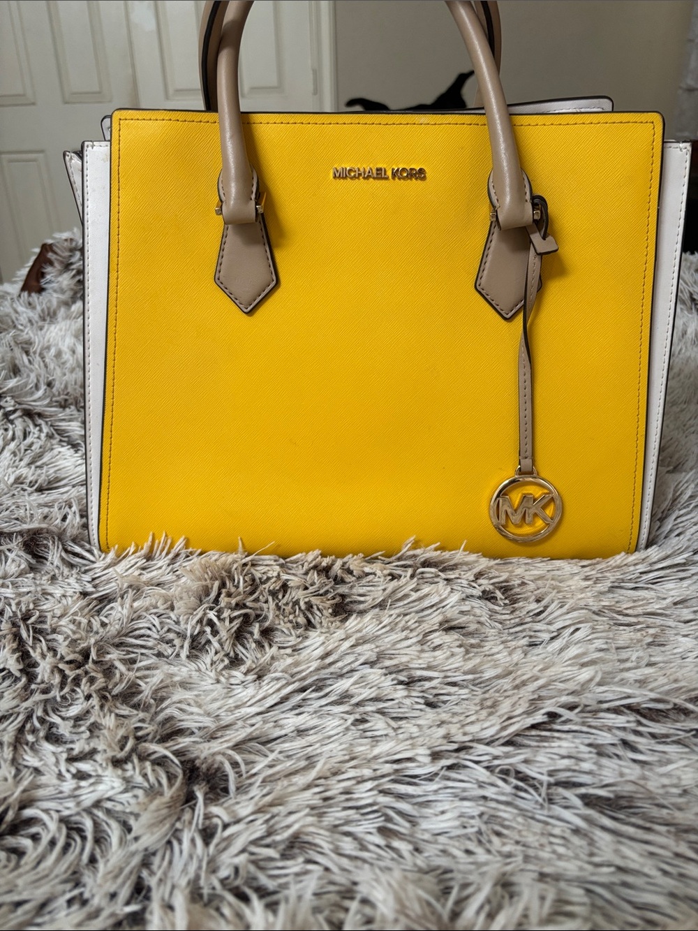 Michael Kors Yellow Saffiano Satchel with Neutral Trim